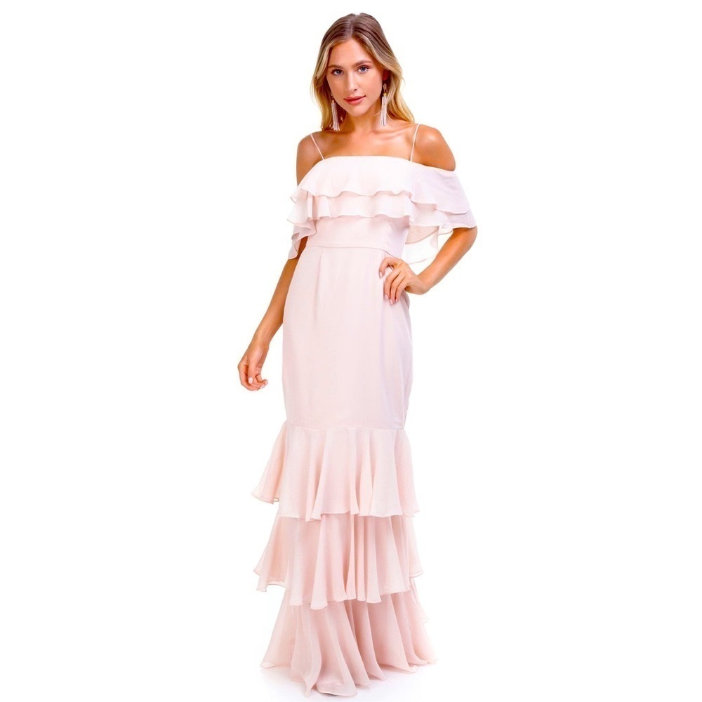 WAYF LAUREN OFF SHOULDER RUFFLE MAXI DRESS in Soft Peach Blush Size Small